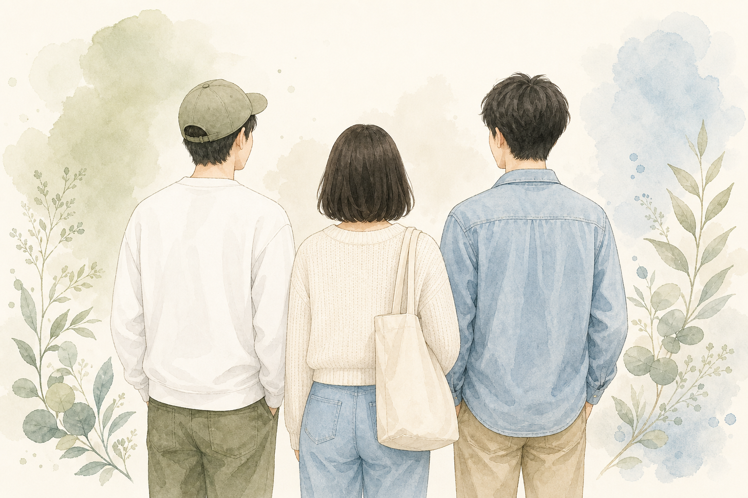 仲間と並んで立つ三人のイラスト