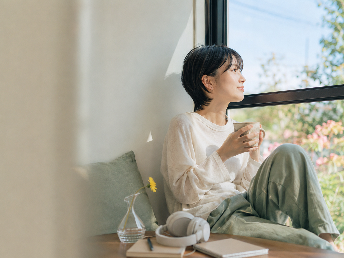窓辺でひと息つく若者
